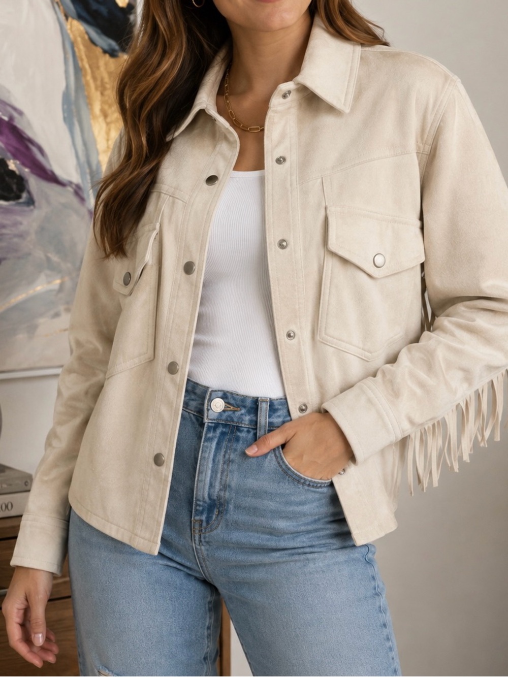 Versona Cream Suede-Look Fringe Shacket Jacket Western Size L